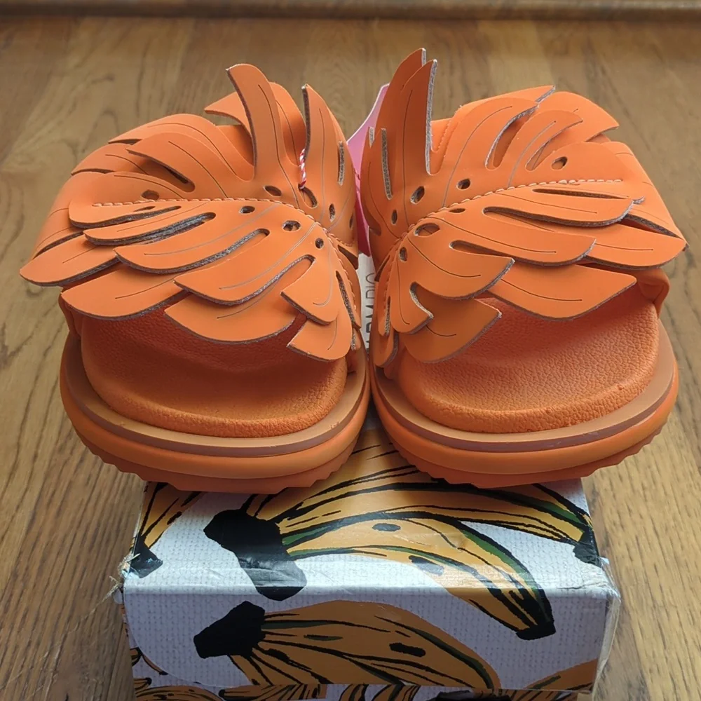 NIB FARM Rio Monstera Anatomic Slide Sandals In Orange Women's Size 7